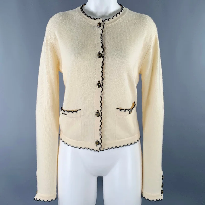 CHANEL Size M Cream Black Contrast Scallop Trim Cardigan Anti-Pilling Anti-Shrink Durable CHANEL Size M Cream Black Contrast Scallop Trim Cardigan Anti-Pilling Anti-Shrink Durable