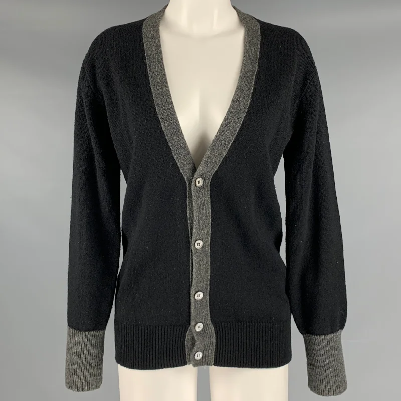 COMME des GARCONS 1980s Size S Black Grey Wool Knit Buttoned Cardigan Elasticated Padded Insulated COMME des GARCONS 1980s Size S Black Grey Wool Knit Buttoned Cardigan Elasticated Padded Insulated