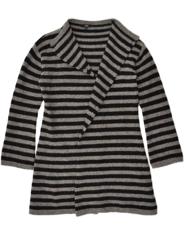 HOBBS Womens Longline Cardigan Sweater UK 8 Small Grey Striped Lambswool Elegant Classic Vintage