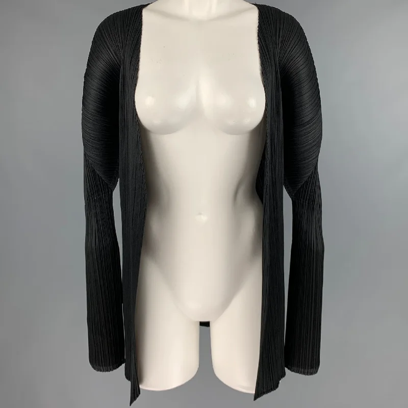 ISSEY MIYAKE Size M Black Pleated Open Front Cardigan - Womens Mesh Blend Leather Blend Suede Blend ISSEY MIYAKE Size M Black Pleated Open Front Cardigan - Womens Mesh Blend Leather Blend Suede Blend
