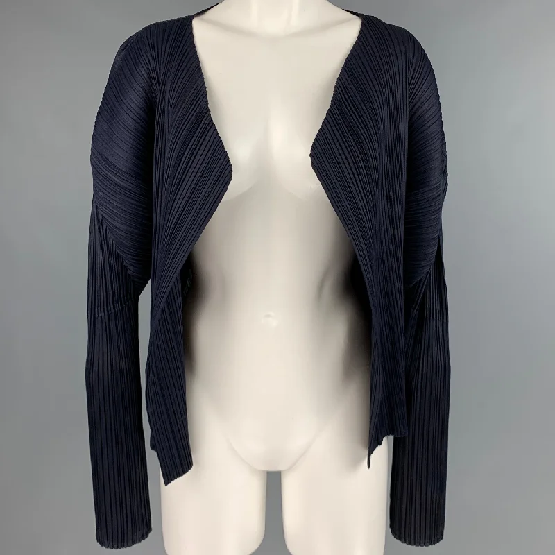 ISSEY MIYAKE Size M Navy Pleated Open Front Cardigan - Womens Lace Blend Ribbed Blend Corduroy Blend ISSEY MIYAKE Size M Navy Pleated Open Front Cardigan - Womens Lace Blend Ribbed Blend Corduroy Blend