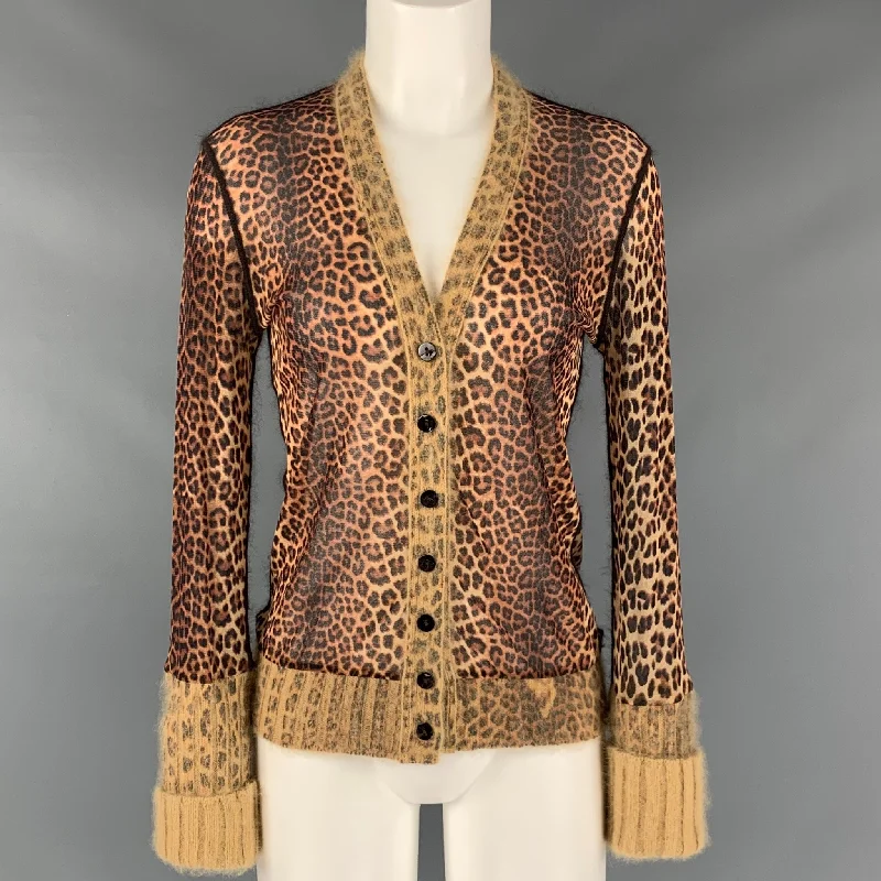 JEAN PAUL GAULTIER Size M Brown Beige Animal Print V-Neck Cardigan Terry Blend Velvet Blend Canvas Blend JEAN PAUL GAULTIER Size M Brown Beige Animal Print V-Neck Cardigan Terry Blend Velvet Blend Canvas Blend