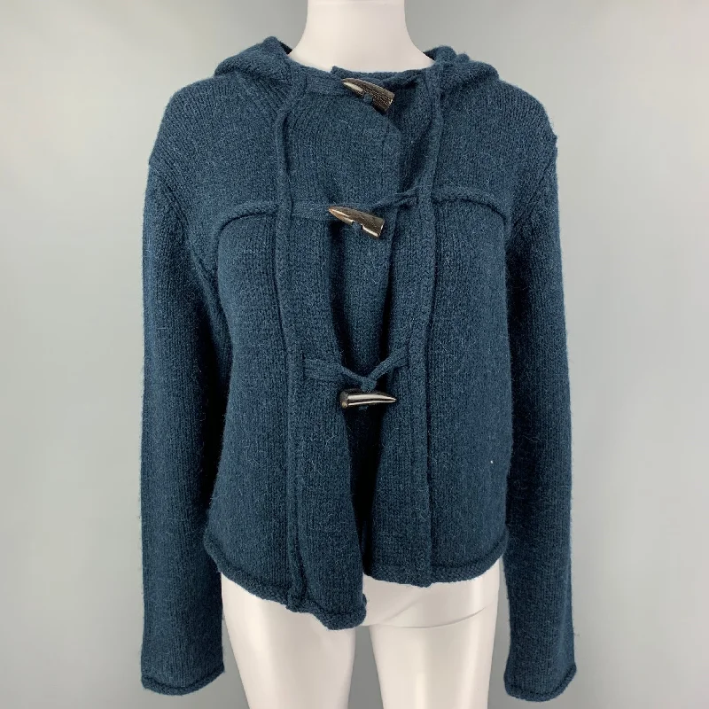 LANVIN Size M Blue Teal Alpaca Wool Toggle Closure Cardigan Mesh Fabric Canvas Fabric Denim Fabric