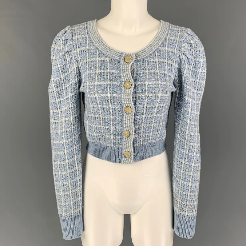 LOVE SHACK FANCY Size S Light Blue White Nylon Blend Textured Cardigan Polka Dot Checkered Tartan LOVE SHACK FANCY Size S Light Blue White Nylon Blend Textured Cardigan Polka Dot Checkered Tartan