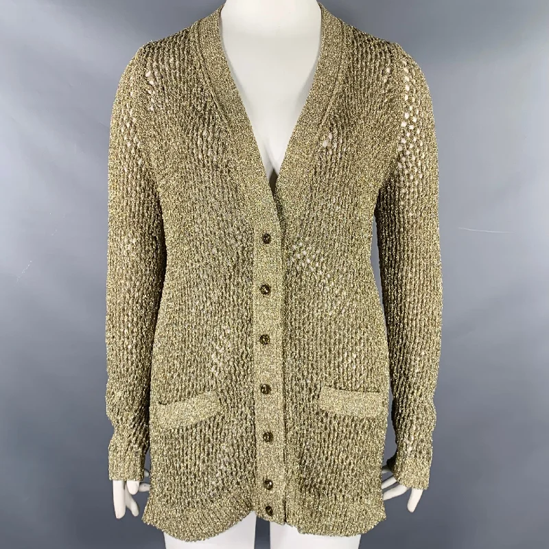 MARC JACOBS Size L Runway 2018 Gold Nylon Metallic Knit Mesh Cardigan Jersey Fabric Tulle Fabric Batik Fabric MARC JACOBS Size L Runway 2018 Gold Nylon Metallic Knit Mesh Cardigan Jersey Fabric Tulle Fabric Batik Fabric