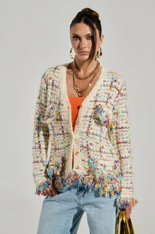 MARGARET BUTTON DOWN CARDIGAN IN CREAM Satin Blend Silk Blend Wool Blend