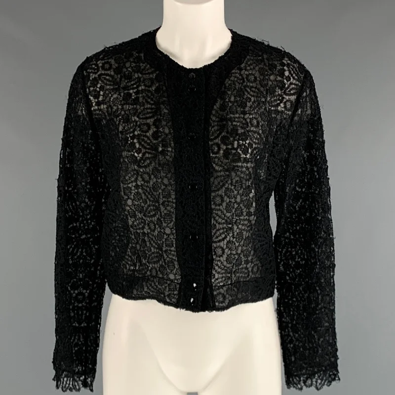OLIVIER THEYSKENS Size 6 Black Lace Cropped Cardigan Silk Blend Satin Velvet