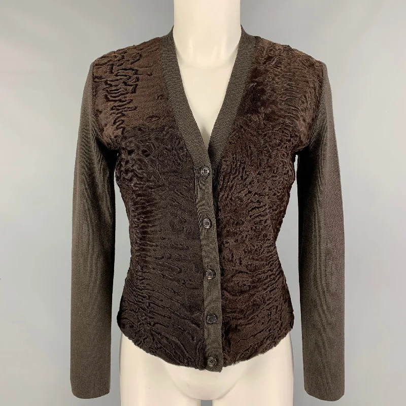 PRADA Size 4 Brown Wool Mixed Materials Lamb Fur Trim V-Neck Cardigan Wool Fabric Cashmere Fabric Tweed Fabric PRADA Size 4 Brown Wool Mixed Materials Lamb Fur Trim V-Neck Cardigan Wool Fabric Cashmere Fabric Tweed Fabric