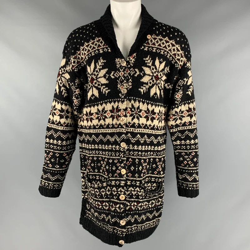 RALPH LAUREN Size L Black Cream Wool Silk Snowflake Cardigan Velvet Chenille Corduroy RALPH LAUREN Size L Black Cream Wool Silk Snowflake Cardigan Velvet Chenille Corduroy