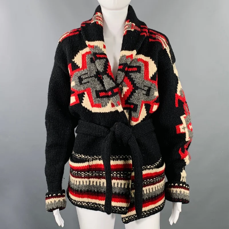 RALPH LAUREN Size S Black Red Black Wool Shawl Collar Cardigan Ribbed Striped Patterned RALPH LAUREN Size S Black Red Black Wool Shawl Collar Cardigan Ribbed Striped Patterned