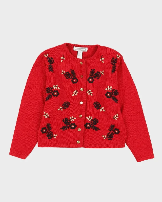 Red Embroidered Knitted Cardigan - S