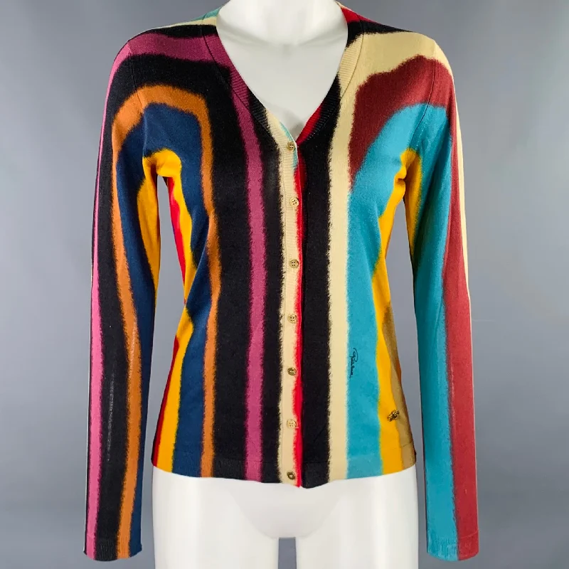 ROBERTO CAVALLI Size S Multi Color Watercolor Cardigan Patchwork Embroidered Appliqued