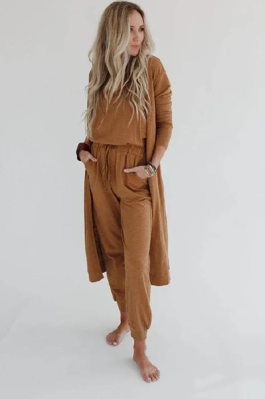 Set to Go Textured Jumpsuit And Cardigan Set - Camel Asymmetrical,ymmetric Pencil Cardigan Set to Go Textured Jumpsuit And Cardigan Set - Camel Asymmetrical,ymmetric Pencil Cardigan