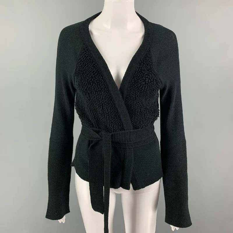 SONIA RYKIEL Size 6 Black Cotton Textured Belted Cardigan Satin Fabric Silk Fabric Chiffon Fabric SONIA RYKIEL Size 6 Black Cotton Textured Belted Cardigan Satin Fabric Silk Fabric Chiffon Fabric