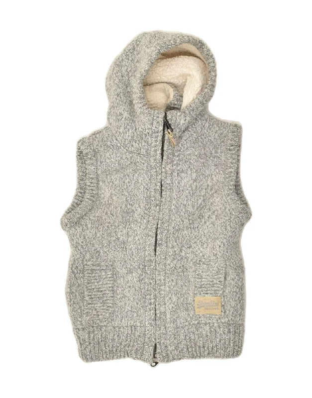 SUPERDRY Womens Sleeveless Hooded Cardigan Sweater UK 6 XS Grey Acrylic Herringbone Houndstooth Plaid SUPERDRY Womens Sleeveless Hooded Cardigan Sweater UK 6 XS Grey Acrylic Herringbone Houndstooth Plaid