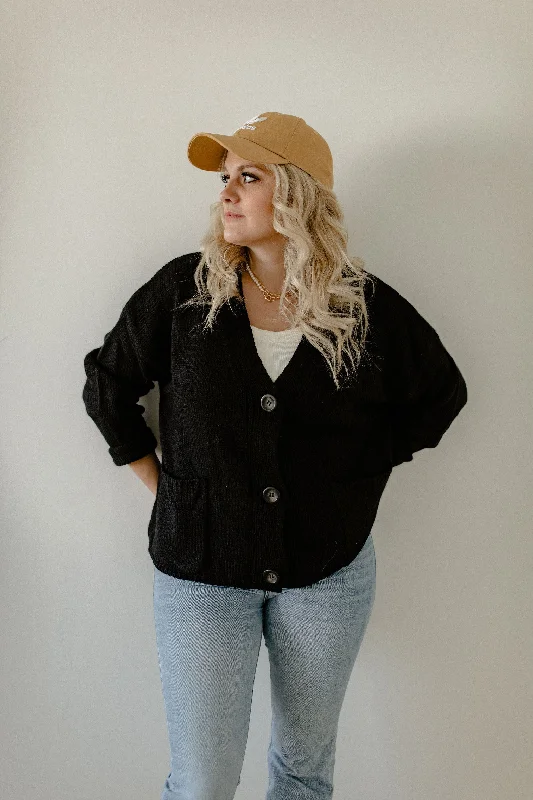 The Ashley Button Cardigan - Black Satin Fabric Silk Fabric Chiffon Fabric