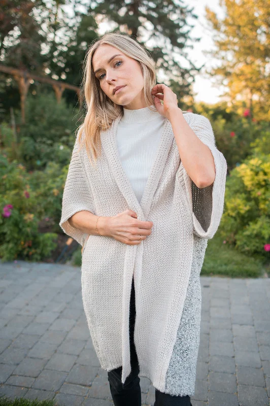 The Cliff Two Tone Cardigan by Elan - Oatmeal/Grey Toggled Drawstring Belted