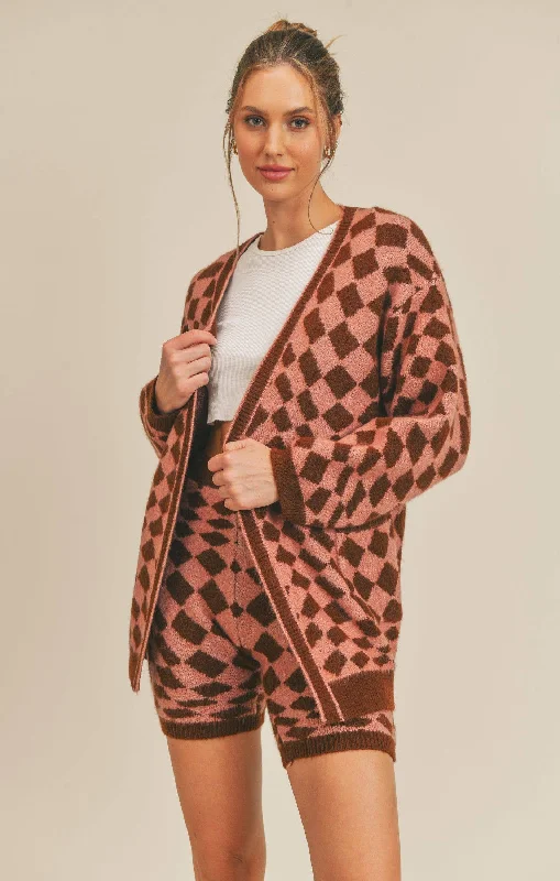 The Heart Of Joy Cardigan - Mauve + Brown Solid Print Embellished