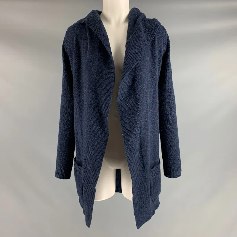 THEORY Size S Navy Hooded Cardigan Denim Fabric Leather Fabric Suede Fabric