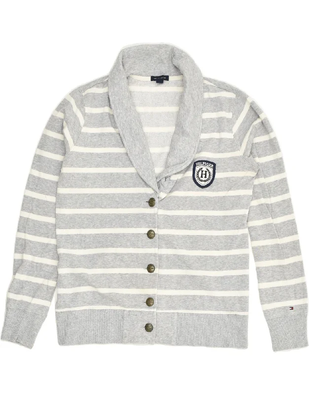 TOMMY HILFIGER Womens Cardigan Sweater UK 16 Large Grey Striped Cotton Welt Pockets Slit Pockets Flap Pockets TOMMY HILFIGER Womens Cardigan Sweater UK 16 Large Grey Striped Cotton Welt Pockets Slit Pockets Flap Pockets