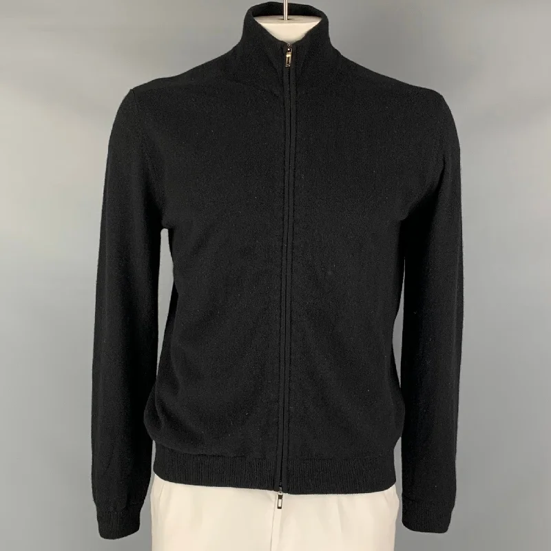 TSE Size L Black Cashmere Zip Up Cardigan Cable Knit Ribbed Knit Lace Knit