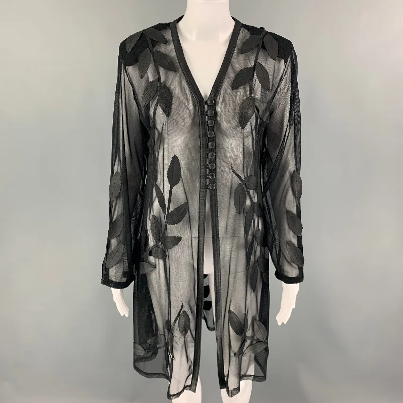 VINTAGE Size S Black Mesh See Through Leather Cardigan Crew Neck V-Neck Turtle Neck