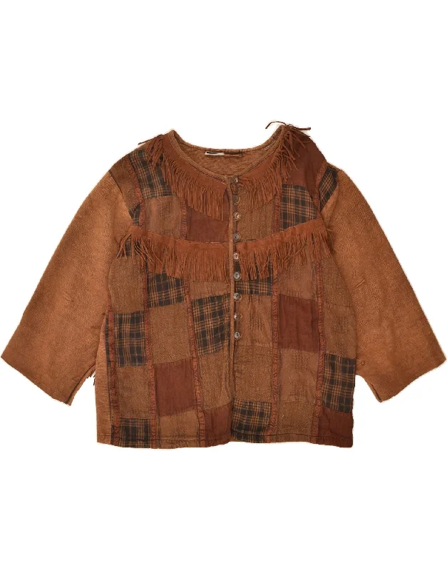 VINTAGE Womens 3/4 Sleeve Cardigan Sweater UK 16 Large Brown Patchwork Front Pockets Side Pockets Patch Pockets