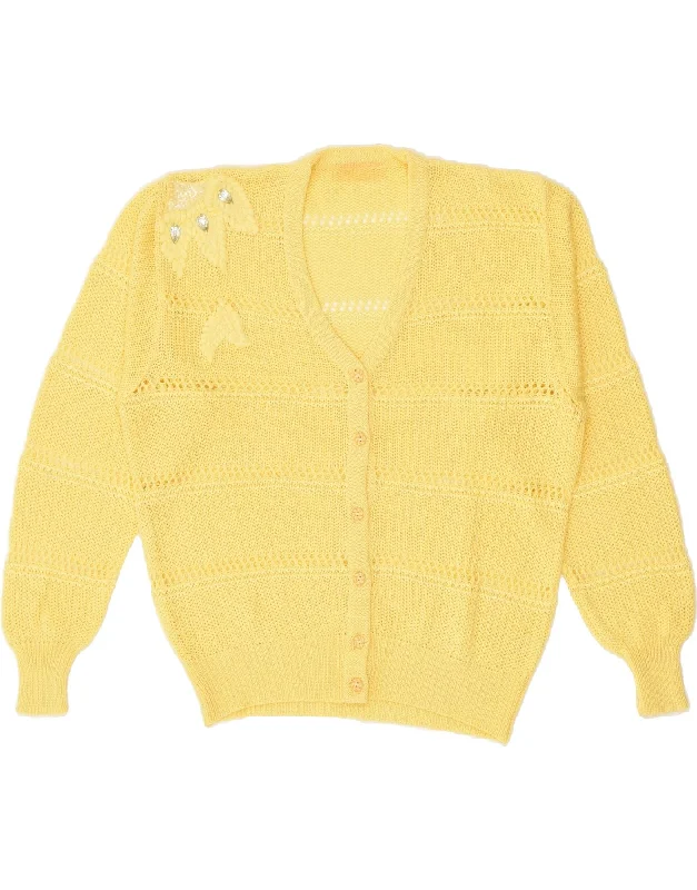 VINTAGE Womens Cardigan Sweater IT 48 XL Yellow Cotton Beaded Cardigan Sequined Faux Fur VINTAGE Womens Cardigan Sweater IT 48 XL Yellow Cotton Beaded Cardigan Sequined Faux Fur