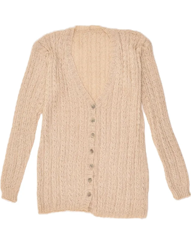 VINTAGE Womens Cardigan Sweater UK 12 Medium Beige Viscose Striped Floral Plaid