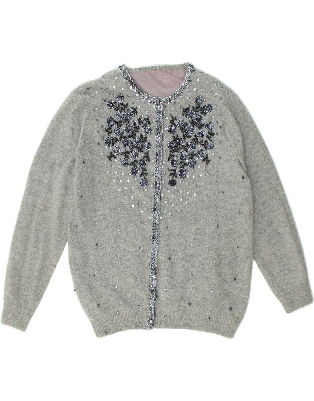 VINTAGE Womens Cardigan Sweater UK 12 Medium Grey Floral Lambswool Terry Terry Cloth Terry Knit