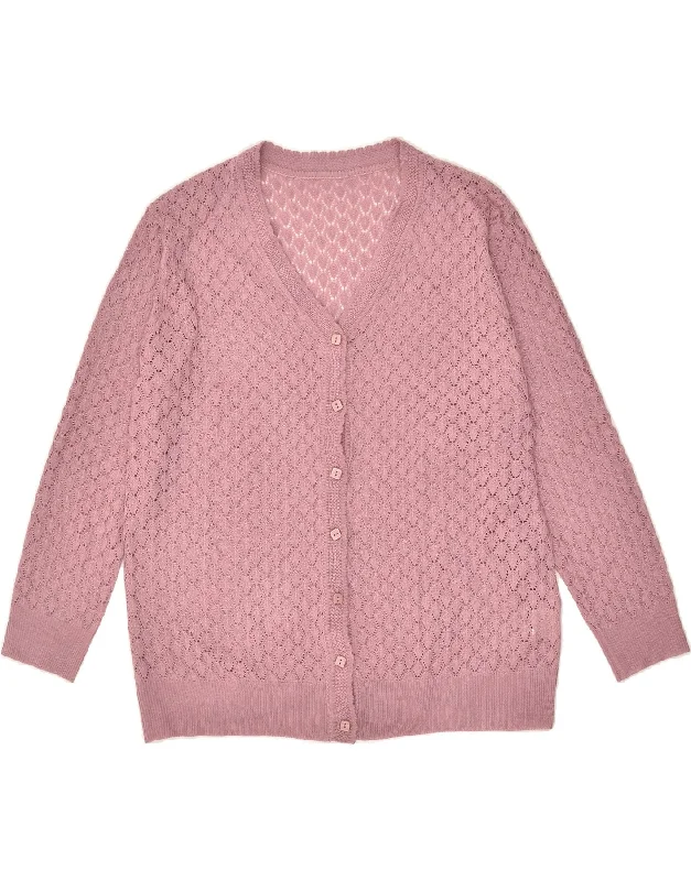 VINTAGE Womens Cardigan Sweater UK 12 Medium Pink Cotton Print Jacquard Patchwork