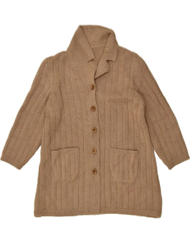 VINTAGE Womens Cardigan Sweater UK 14 Medium Brown Ribbed Striped Patterned