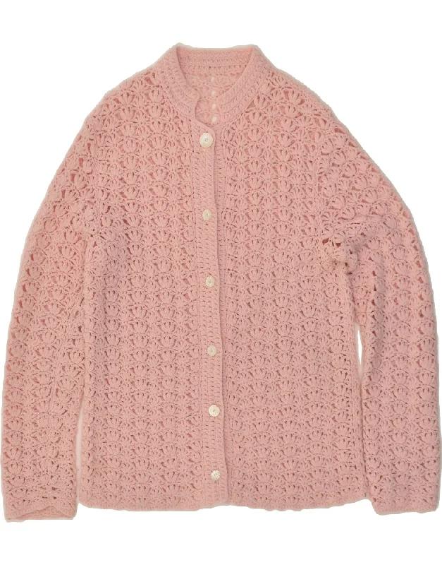 VINTAGE Womens Cardigan Sweater UK 14 Medium Pink Ribbed Striped Patterned