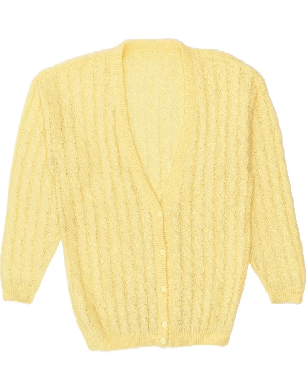VINTAGE Womens Cardigan Sweater UK 14 Medium Yellow Wool Notch Collar Peter Pan Collar Cowl Neck VINTAGE Womens Cardigan Sweater UK 14 Medium Yellow Wool Notch Collar Peter Pan Collar Cowl Neck