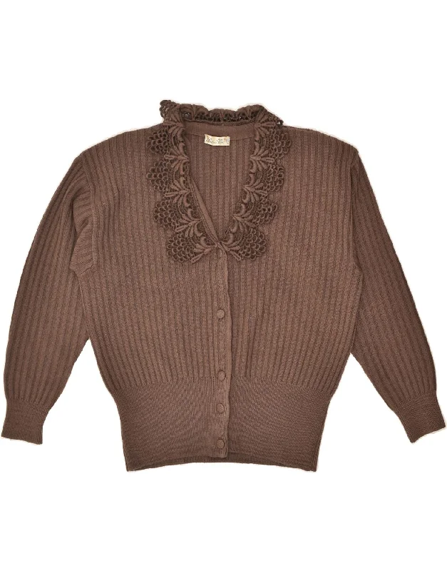 VINTAGE Womens Cardigan Sweater UK 16 Large Brown Wool Chenille Brocade Lace