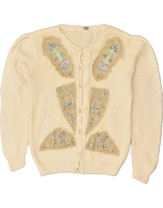 VINTAGE Womens Cardigan Sweater UK 18 XL Beige Floral Boat Neck Shawl Collar Notched Collar VINTAGE Womens Cardigan Sweater UK 18 XL Beige Floral Boat Neck Shawl Collar Notched Collar