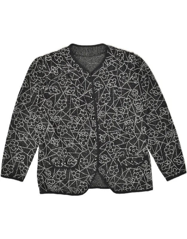 VINTAGE Womens Cardigan Sweater UK 20 2XL Black Floral Beaded Cardigan Sequined Faux Fur VINTAGE Womens Cardigan Sweater UK 20 2XL Black Floral Beaded Cardigan Sequined Faux Fur