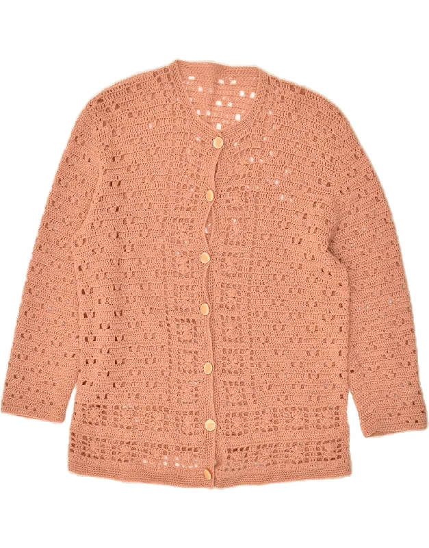 VINTAGE Womens Crochet Cardigan Sweater UK 14 Medium Brown Embroidered Appliqued Beaded