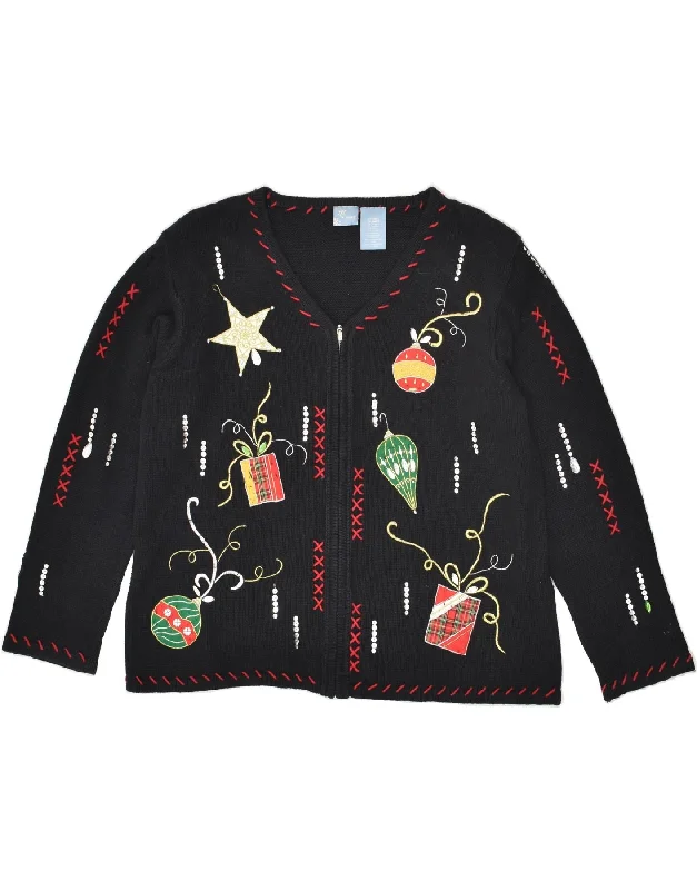 VINTAGE Womens Graphic Cardigan Sweater UK 16 Large Black Ramie Slim Fit Regular Fit Oversized VINTAGE Womens Graphic Cardigan Sweater UK 16 Large Black Ramie Slim Fit Regular Fit Oversized