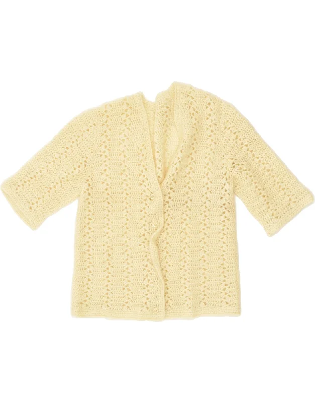 VINTAGE Womens Short Sleeve Cardigan Sweater UK 12 Medium Beige Chenille Blend Fleece Blend Nylon Blend