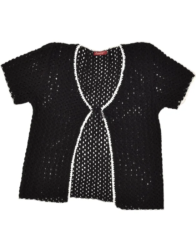 VINTAGE Womens Short Sleeve Cardigan Sweater UK 14 Large Black Cotton Nylon Fabric Polyester Fabric Spandex Fabric VINTAGE Womens Short Sleeve Cardigan Sweater UK 14 Large Black Cotton Nylon Fabric Polyester Fabric Spandex Fabric