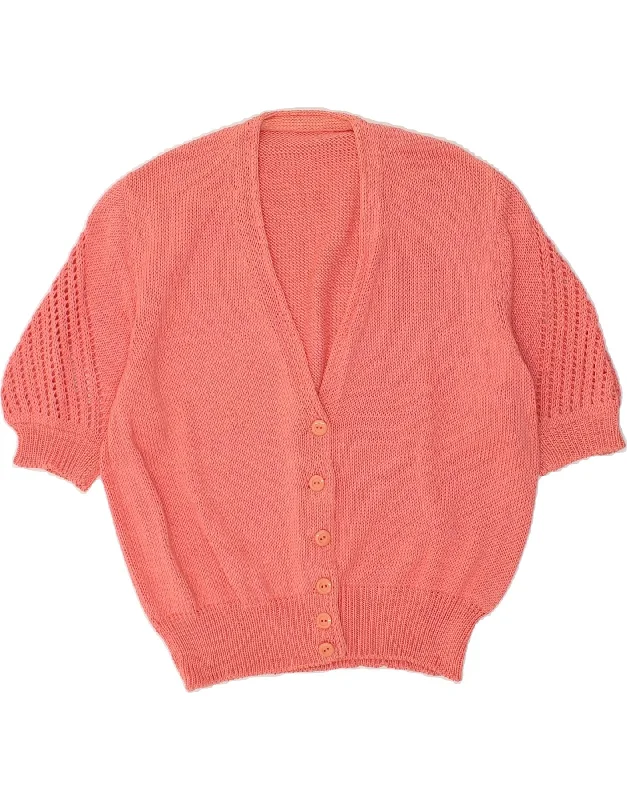 VINTAGE Womens Short Sleeve Cardigan Sweater UK 18 Large Pink Glossy Satin Silk