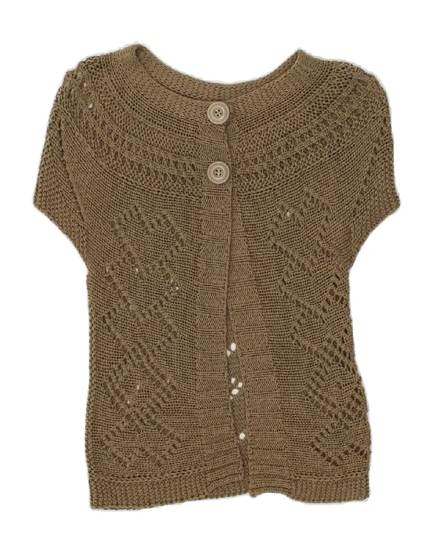 VINTAGE Womens Short Sleeve Cardigan Sweater UK 8 Small Brown Cotton Handmade Hand-knitted Hand-woven VINTAGE Womens Short Sleeve Cardigan Sweater UK 8 Small Brown Cotton Handmade Hand-knitted Hand-woven