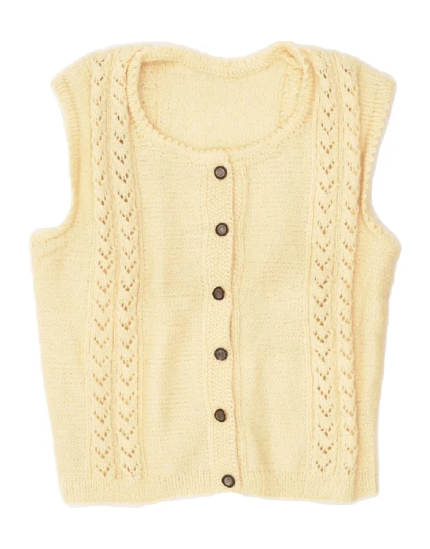 VINTAGE Womens Sleeveless Cardigan Sweater UK 12 Medium Beige Chenille Brocade Lace