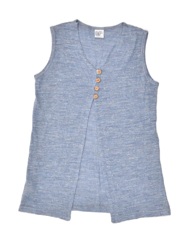 VINTAGE Womens Sleeveless Cardigan Sweater UK 12 Medium Blue Acrylic Boat Neck Shawl Collar Notched Collar