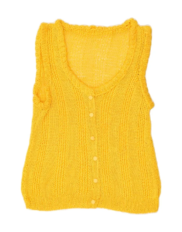 VINTAGE Womens Sleeveless Cardigan Sweater UK 14 Medium Yellow Spandex Blend Rayon Blend Denim Blend VINTAGE Womens Sleeveless Cardigan Sweater UK 14 Medium Yellow Spandex Blend Rayon Blend Denim Blend