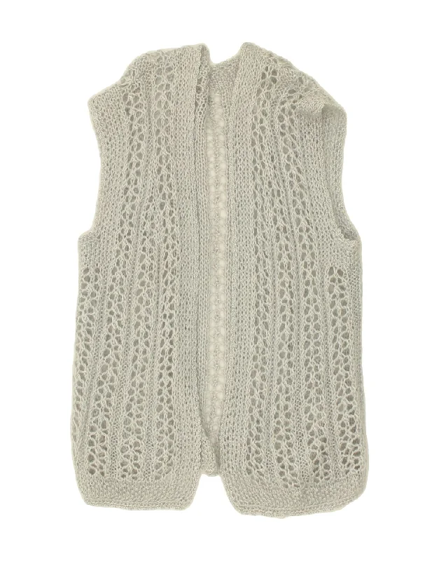 VINTAGE Womens Sleeveless Cardigan Sweater UK 18 XL Grey Print Jacquard Patchwork