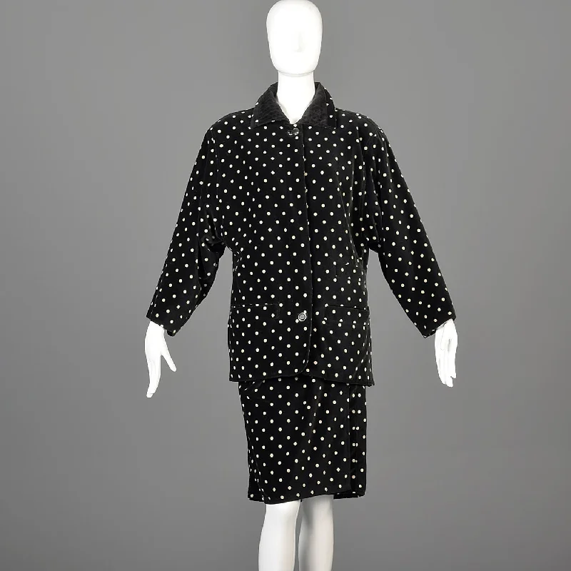 1980s Gianni Versace Skirt Oversized Blazer & Wrap Skirt in Black Velvet with White Polkadots Women's Trendy Jacket