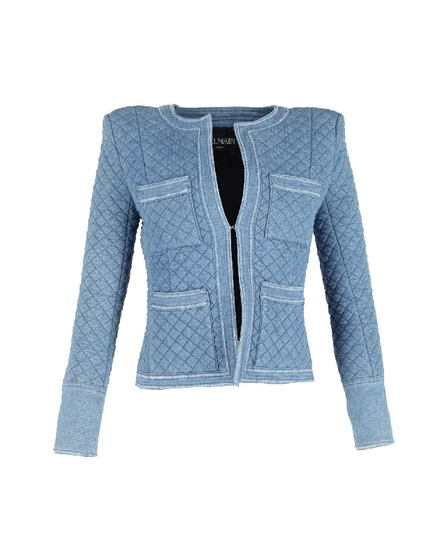 Balmain Quilted Collarless Blazer in Blue Cotton Women's Professional Jacket