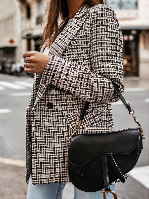 Beige and Black Checkered Blazer Cotton Blend Blazer